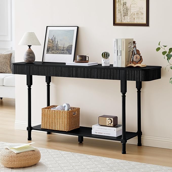 63”Console Table with 2 Drawers, Retro Entryway Table with Fluted Panel & Storage Shelf, Narrow Long Behind Couch Tables Accent Sofa Table with Solid Wood Legs for Living Room Foyer Hallway(Black)