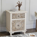 HOMPUS Night Stand Set 2, Vintage Nightstand with Storage, White Nightstand with Flower Pattern, Accent End Table, Bedside Table for Farmhouse, Bedroom, Light Grey Grain
