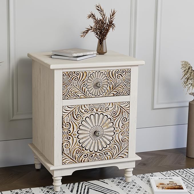HOMPUS Night Stand Set 2, Vintage Nightstand with Storage, White Nightstand with Flower Pattern, Accent End Table, Bedside Table for Farmhouse, Bedroom, Light Grey Grain