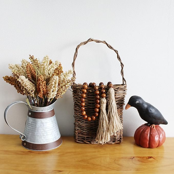 CVHOMEDECO. Wood Grain Beads Garland with Tassels Farmhouse Rustic Wooden Prayer Bead String Wall Hanging Accent for Home Festival Decor. Dark Tan