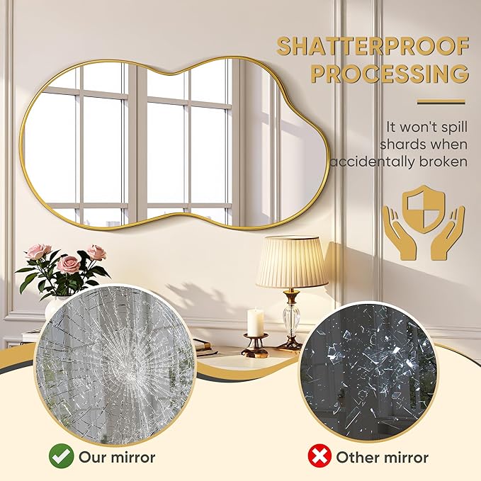Suidia Irregular Wall Mirror, 36"x24" Bathroom Mirror Asymmetrical Mirrors Artistic Mirrors Decorative for Living Room Bedroom Bathroom Hallway Entryway, Gold, Cloud Style