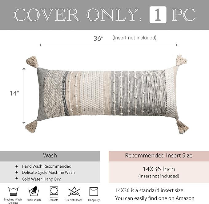 BlissBlush Gray Boho Lumbar Throw Pillow Cover 14x36 Grey Accent Long Body Lumbar Pillow for Bed Decorative Modern Bohemian Woven Textured Lumbar Pillow for Bed Cover ONLY