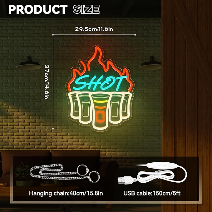 Shot Neon Sign, Bar Neon Signs for Wall Decor, Dimmable Acrylic Neon Lights for Home Bar Pub Club Bistro Man Cave Restaurant Party Decorations Gift