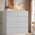 White 8 Drawer Dresser, Modern Fluted Dressers & Chest of Drawers for Bedroom, 48" Wide Dresser TV Stand with Deep Drawer, Curved Profile, Wood Organizer for Bedroom, Living Room, Hallway