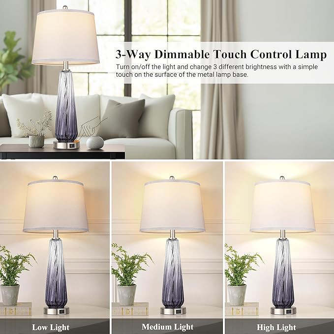 Glass Table Lamps Set of 2, Modern Bedside Lamps for Bedrooms with USB A+C Ports, 3-Way Dimmable Touch Control Nightstand Lamp with White Linen Shade, 27.5" Large Lamps for Living Room Decor, Grey