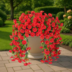 Artificial Hanging Flowers – 4 Pack UV Resistant Fake Morning Glory Vine Faux Plants for Porch, Patio, Balcony, Garden, Indoor & Outdoor Decor (Red)