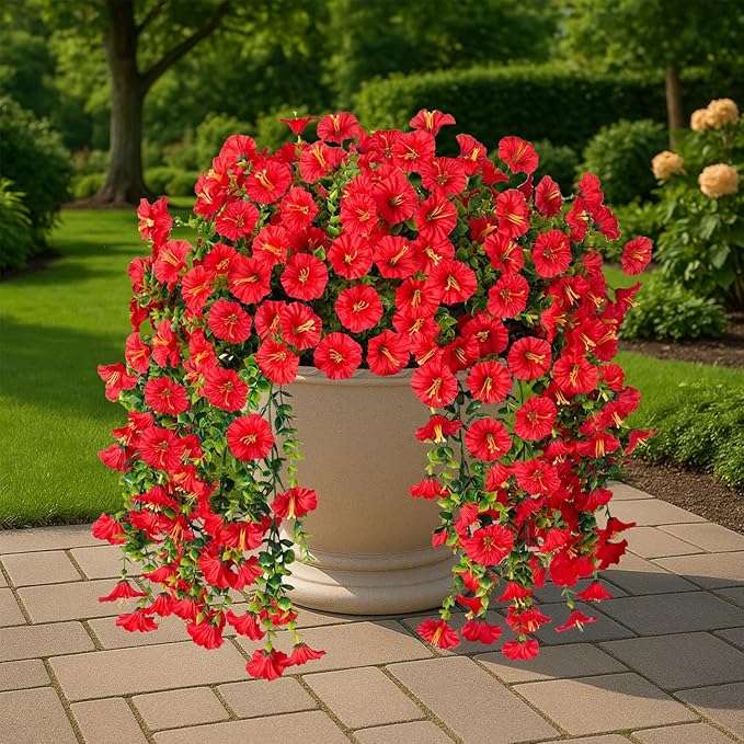 Artificial Hanging Flowers – 4 Pack UV Resistant Fake Morning Glory Vine Faux Plants for Porch, Patio, Balcony, Garden, Indoor & Outdoor Decor (Red)