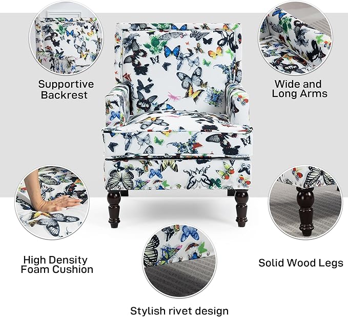 Accent Chair, Modern Comfy Mid-Century Anthropologie Accent Chairs, Linen Upholstered Wingback Lounge Arm Chair with Solid Wood,Single Floral Pattern Chair for Living Room/Balcony/Bedroom