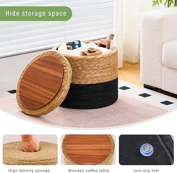 Wimarsbon Storage Pouf Ottoman, Hand Weaving Natural Straw Foot Stool, Bohemian Round Patio Ottomans, Rustic Lounge Pouffe, Outdoor Extra Seat for Garden