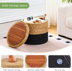 Wimarsbon Round Pouf Ottomans, Handwoven Natural Water Hyacinth Seagrass Pouffe,Outdoor Rattan Stool Accent Seat, Bohemian Coastal Home Decor (Storage - 18inch Natural Cattail & Black Corn Shell)