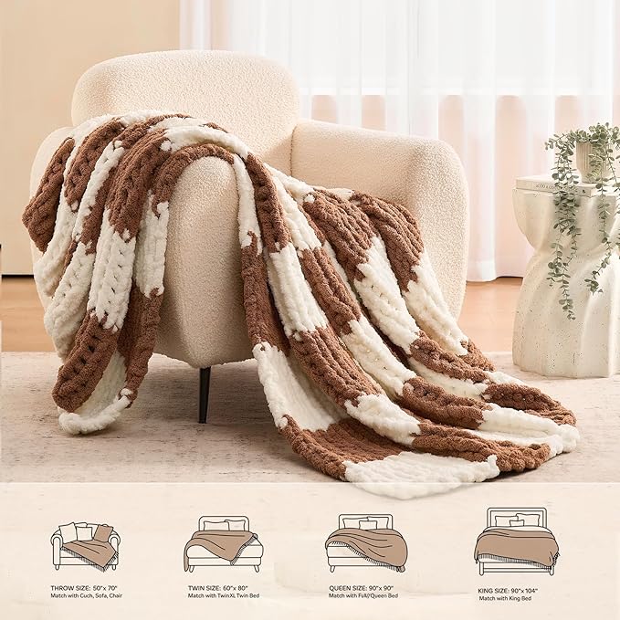 L'AGRATY Chunky Knit Blanket Throw: 50''x60'' Chenille Chunky Knitted Throw Blankets for Bed Couch - Handmade Thick Cable Knit Blanket - Large Crochet Rope Blankets for Home Decor(Brown Checkered)