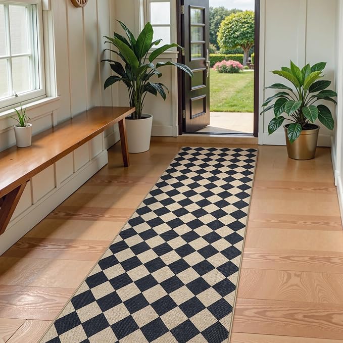 Lahome Checkered Outdoor Runner Rug, 2x8 Kitchen Runner Rugs for Non Skid Washable Entryway Carpet, Checkerboard Non Slip Non Shedding Carpet for Bedroom