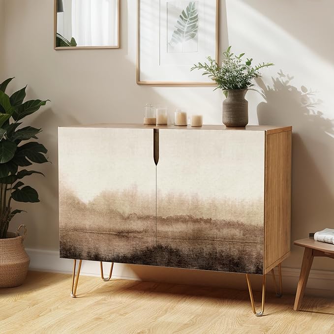 SIGNWIN Sideboard Buffet Cabinet, Kitchen Storage Cabinet with 2 Doors, Brown Pastel Watercolor Landscape, Cupboard Console Table for Dining Room - 35" L x 18" W x 29" H