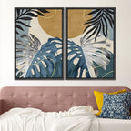 SIGNFORD Framed Canvas Print Wall Art Set Jungle Tropical Monstera Palm Leaf Abstract Shapes Illustration Modern Art Decorative Nordic Nature for Living Room, Bedroom, Office - 16"x24"x2 Black