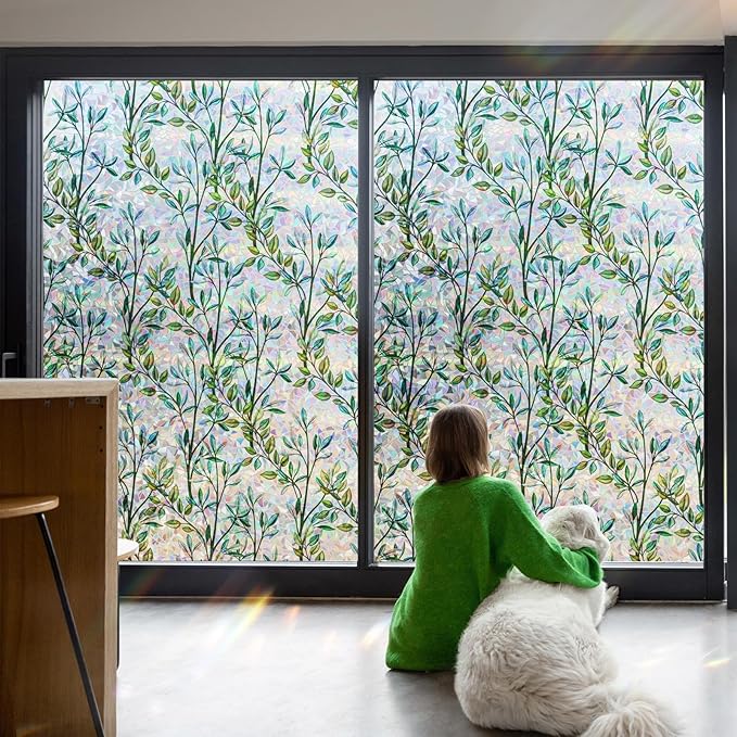 LEMON CLOUD Window Privacy Film Static Clings Decorative Leaf Rainbow Window Sticker Non-Adhesive Decals for Glass with Tools,35.4 x 78.7 Inch