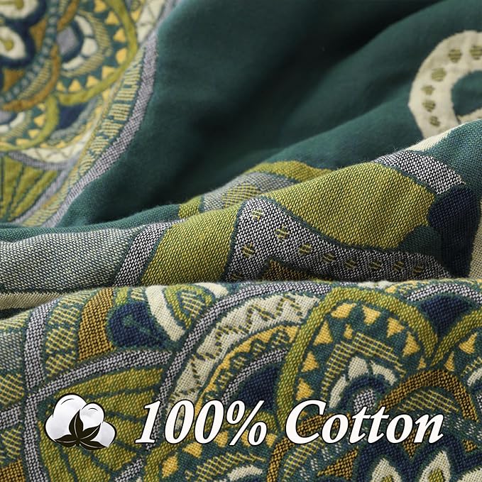 Snycler Boho Throw Blanket for Bed - 100% Cotton Ultra Soft Rustic Quilt - Green Boho Floral Printed Farmhouse Decor Bed Blankets, 80"×90" All Season Rustic Throw for Sofa Couch Chair