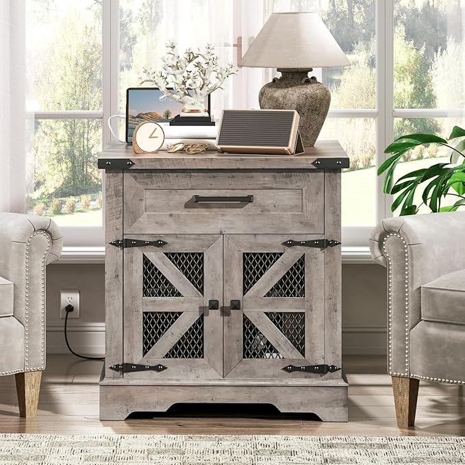 Farmhouse End Table with Charging Station, 24" Large Sofa Side Table with Drawer, Large End Table for Living Room, Wooden Nightstand with Outlet, Square, Greige