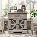 Farmhouse End Table with Charging Station, 24" Large Sofa Side Table with Drawer, Large End Table for Living Room, Wooden Nightstand with Outlet, Square, Greige