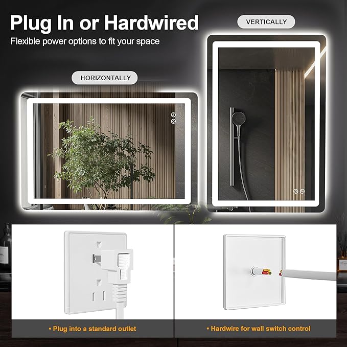 Led Bathroom Mirror, 36x24 Bathroom Vanity Mirror for Wall with Light, IP54 Enhanced Anti-Fog, Dimmable 3 Colors, Memory Function, Backlit and Front Lit, Shatter-Proof Glass, Plug-in/Hardwired