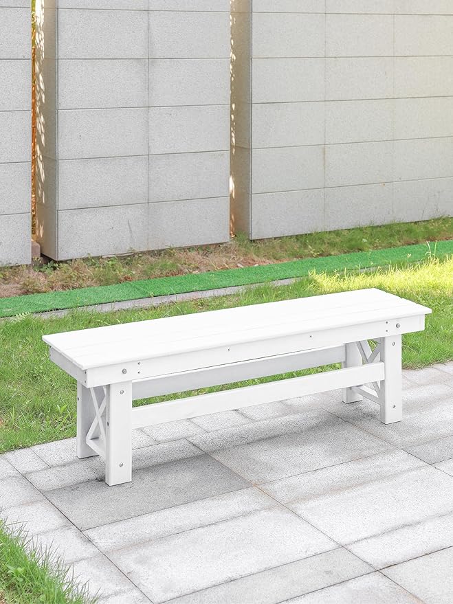 HDPE Outdoor Bench, 55" Patio Bench Outdoor Furniture, Poly Lumber Adirondack Benches, All Weather HDPE Patio Backless Benches for Park, Poolside, Garden, Porch, Pearl