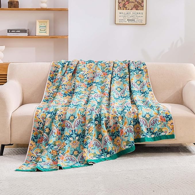 Boho Blanket Throw Quilt, 100% Cotton Soft Light Weight Throw Blankets for Summer, 60"x80" Farmhouse Flower Decorative Blankets, All Season Rustic Reversible Bohemian Throw Quilt