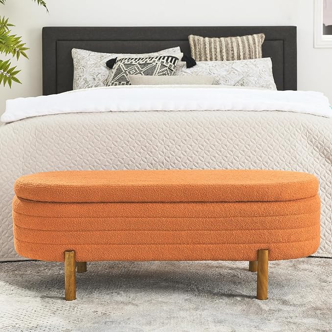 Furniliving 46” Storage Benches, End of Bed Bench with Button-Tufted Large Upholstered Storage Ottoman Teddy Window Bench with Storage Shoe Cabinet Bench, for Bedroom, Entryway, Closet, Orange