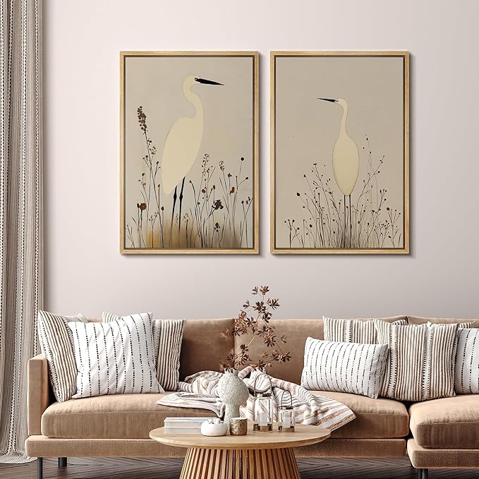 SIGNFORD Framed Canvas Print Wall Art Set Minimalist Heron Art Simplified Shapes in Neutral Tones Illustration Modern Art Decorative Nordic Nature for Living Room, Bedroom, Office - 24"x36"x2 Natural