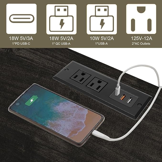 End Table with Fast USB C Charging Station,18" Wide Sofa Side Table with 2 Drawers, Large Storage Rustic Wood Square Storage Cabinet for Living Room, Bedroom, Office, Black