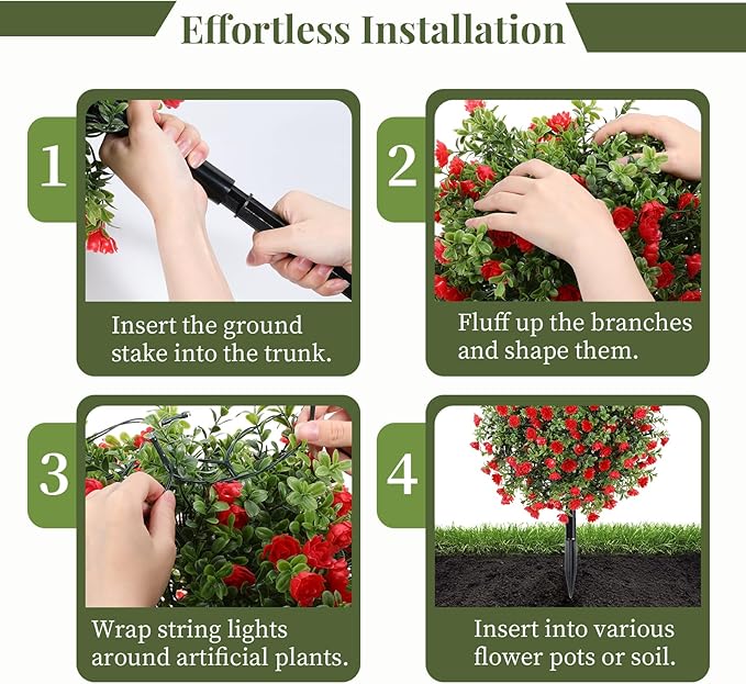 Lewondr Artificial Red Flowers Boxwood Topiary Ball with LED Lights,23.6'' Artificial Shrub Bushes with Ground Spike,UV Resistant Faux Greenery Shrubs,Fake Plants for Indoor Outdoor Garden Patio Decor