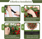 Lewondr Artificial Red Flowers Boxwood Topiary Ball with LED Lights,23.6'' Artificial Shrub Bushes with Ground Spike,UV Resistant Faux Greenery Shrubs,Fake Plants for Indoor Outdoor Garden Patio Decor