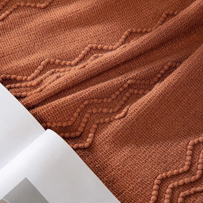 MIULEE Fall Orange Knitted Throw Blanket for Couch Boho Terracotta Rust Textured Cozy Woven Blanket with Tassels for Sofa Chair Bed Living Room Acrylic Wave Pattern 60"x80"