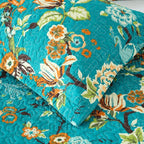 ENASAL Cotton Bedspread Quilt Sets Reversible Bedding Coverlet Sets Comforter, Vintage Floral with Peacock Pastoral Turquoise Bedspread, King Size
