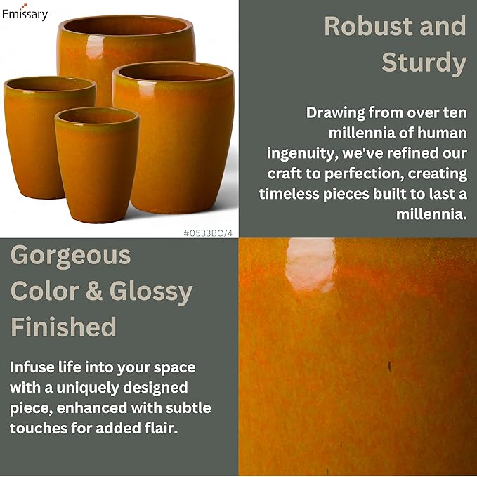 Emissary Home and Garden Bullet 12in., 14in., 15.5in., 21in. H Bright Orange Ceramic Round Planters with Drainage Hole (Set of 4)