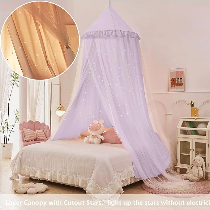 Eimilaly Princess Bed Canopy for Girls, Double Layer Canopy with Cutout Stars, Breathable Dream Canopy & Washable Purple Fabric, Fits Twin/Full Bed - Fairy Bed Tent for Kids Room Decor, Purple