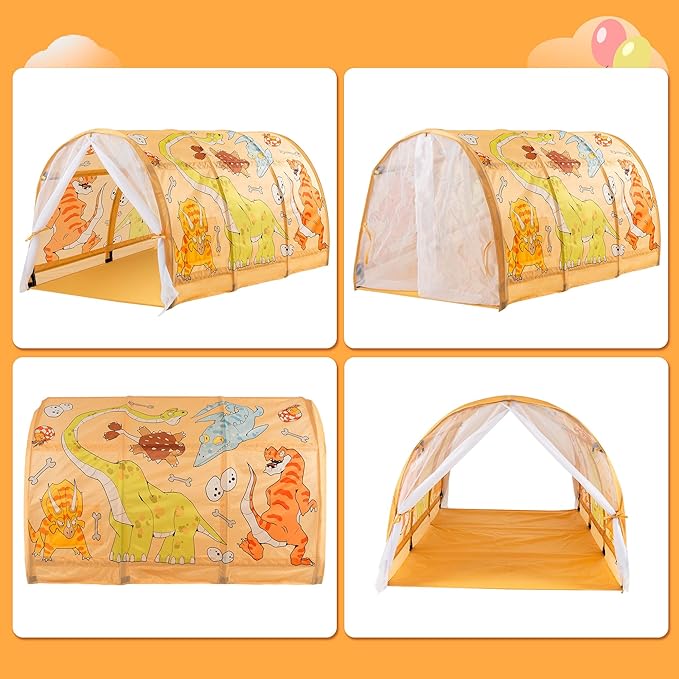 Bed Tent for Kids with LED Strip Lights Toddler Bed Tent Foldable Game House for Children Play Tents for Girls Boys Sleeping Canopy Playhouse (Yellow-Animal)