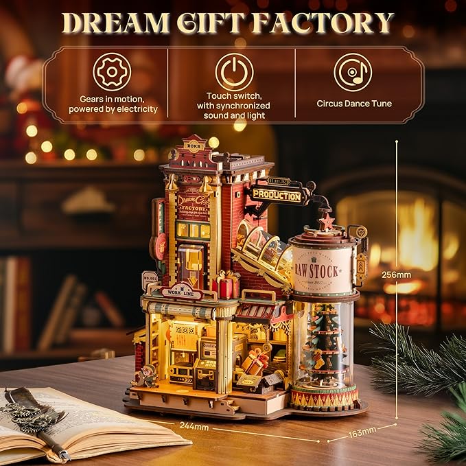 ROKR 3D Puzzle for Adults Christmas Style Dream Gift Factory Wooden Model Kit Luminous Factory DIY Dollhouse Kit Building with Music, Lights and 5 Elves for Adults