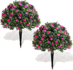 Yunlly Set of 2 Artificial Boxwood Topiary Ball Tree Fake Bushes Shrubs Outdoor Faux Plant with Ground Spike Flowers UV Resistance Greenery for Front Porch Garden Patio Indoor(Pink,18x10inch)