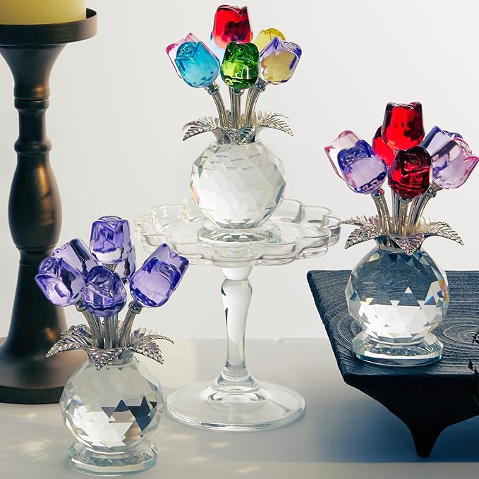 Crystal Purple Rose Figurines Crystal Rose Flowers Gifts for Women Glass Flower Ornament for Christmas