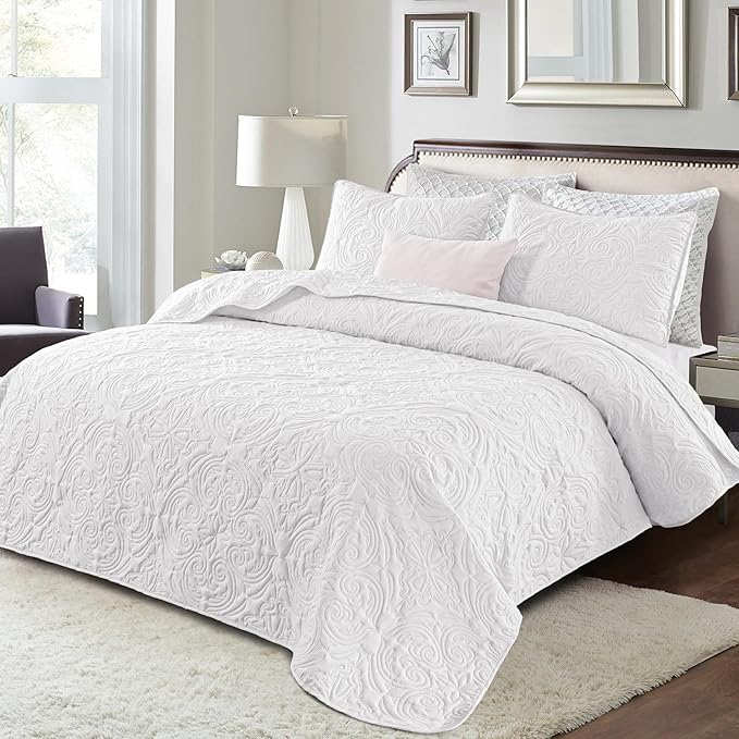 Exclusivo Mezcla Quilts King Size Bedspread with 2 Pillow Shams, Lightweight White King Quilt Bedding Set with Vintage Damask Pattern, Soft Bedspreads Coverlets for All Seasons