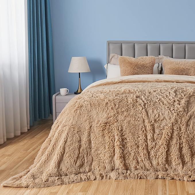 GONAAP Fuzzy Faux Fur Throw Blanket Queen Size Brown Super Soft Cozy Plush Fuzzy Shaggy Blanket for Couch Sofa Bed (Brown, Queen(90"x90"))