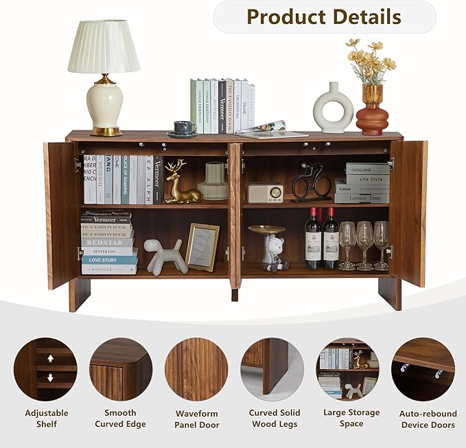 Sideboard Buffets Cabinet, Modern Accent Storage Cabinet with 4 Fluted Doors and Adjustable Shelves, Wood Credenza Buffet Sideboards, Console Table for Kitchen Dining Living Room Entryway (Walnut)