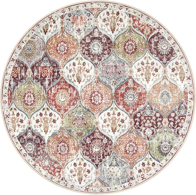 Lahome Moroccan Trellis Round Area Rugs, Washable Small Round Rug 3ft Non-Slip, Soft Vintage Ultra-Thin Circle Carpet for Bedroom Entryway Kitchen Laundry Bathroom, Orange/Terracotta