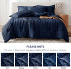 MUXHOMO 7 Pieces California King Comforter Set, Seersucker Bed in a Bag Cal King Size, All Season Luxury Bedding Set with Comforter, Flat Sheet, Fitted Sheet, Pillowcases & Shams, Navy Blue