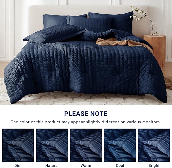 MUXHOMO 7 Pieces Queen Comforter Set, Seersucker Bed in a Bag Queen Size, All Season Luxury Bedding Set with Comforter, Flat Sheet, Fitted Sheet, Pillowcases & Shams, Navy Blue