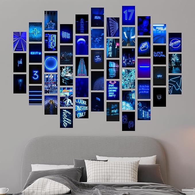 Y2K BOO Vibrant Blue Neon Wall Collage Kit - 50pcs Aesthetic Posters for Room Decor, Perfect Dorm and Bedroom Wall Art, Trendy Modern Neon Blue Collage Kit for Teen Girls