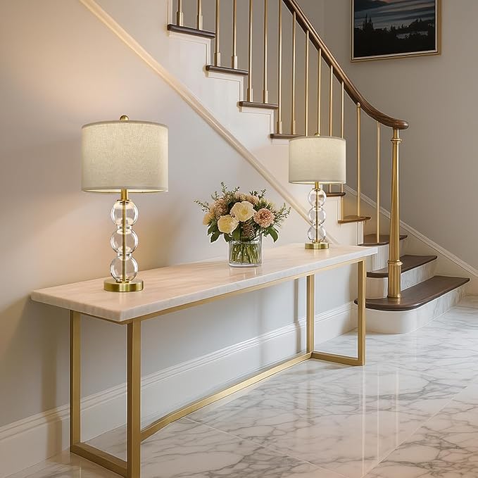 Oneach 24" Glass Table Lamps Set of 2, Gold Modern Table Lamps with USB Ports for Living Room, Linen Shade Bedside Lamps for Bedroom, Nightstand, Side Table (Bulbs not Included)