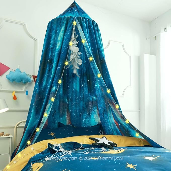 Galaxy Print Kids Bed Canopy, Girls Princess Canopy Dreamy Room Decor, Soft Hanging Reading Nook Play Tent Canopy, Extra Large Full Size Bed Canopy with String Light