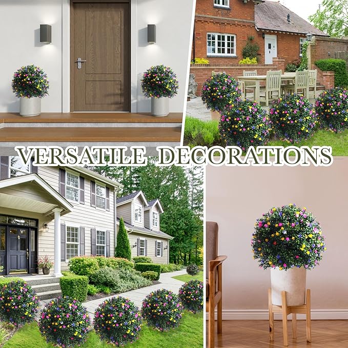 Yunlly Set of 2 Artificial Boxwood Topiary Ball Tree Fake Bushes Shrubs Outdoor Faux Plant with Ground Spike Flowers UV Resistance Greenery for Front Porch Garden Patio Indoor(Multicolor,27x18inch)