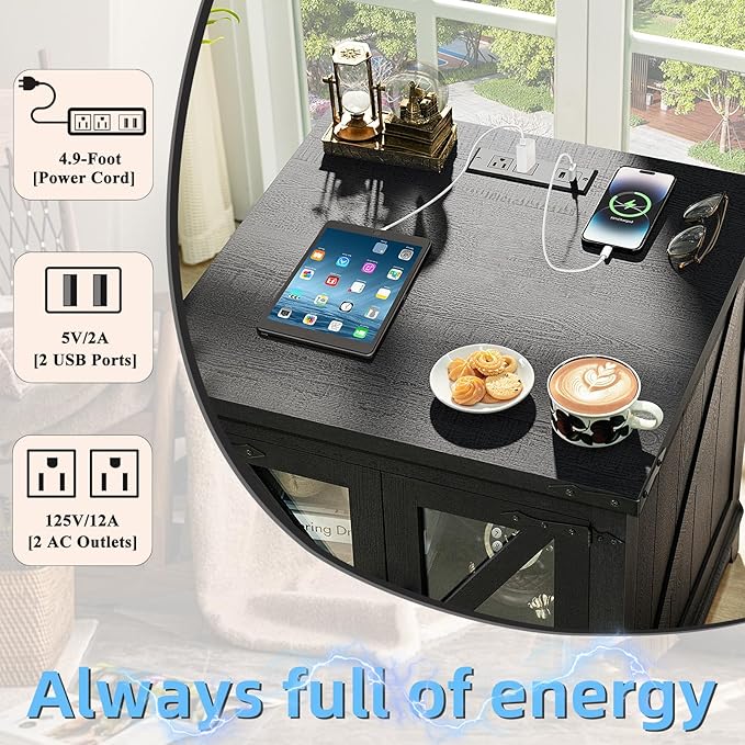 Farmhouse End Table with Charging Station, 24" Large Sofa Side Table with Glass Barn Door, Green Nightstand with Adjustable Storage Shelf, Wood Square Bedside Table for Living Room, Bedroom