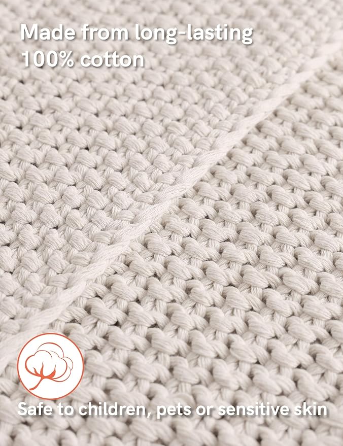 YnM Chunky Cotton Knit Throw Blanket, Cable Knit Throws for Bed Couch Sofa, Comfy & Relaxing, Decorative Piece for Farmhouse Modern Boho Rustic Scandinavian Chic Vibe, Cream White 80x87 Inches